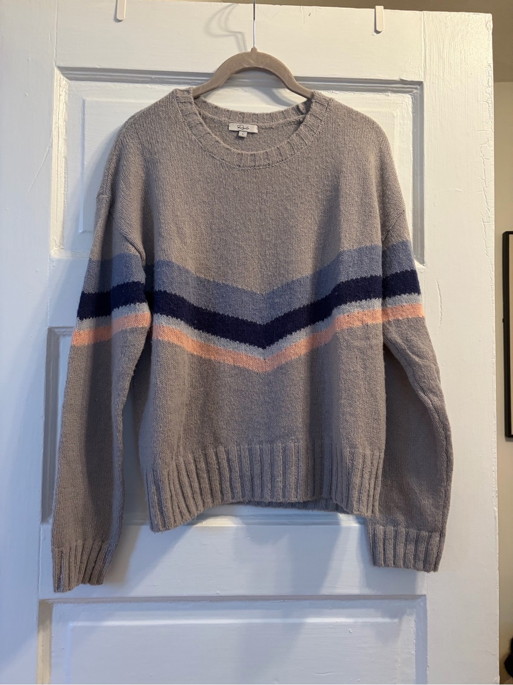 Rails Taupe Crewneck Sweater with Navy, Light Blue & Peach Chevron